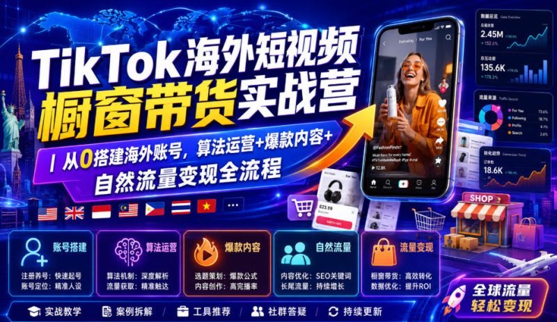 TikTok海外短视频橱窗带货实战营｜从0搭建海外账号，算法运营+爆款内容+自然流量变现全流程-淘宝虚拟货源网