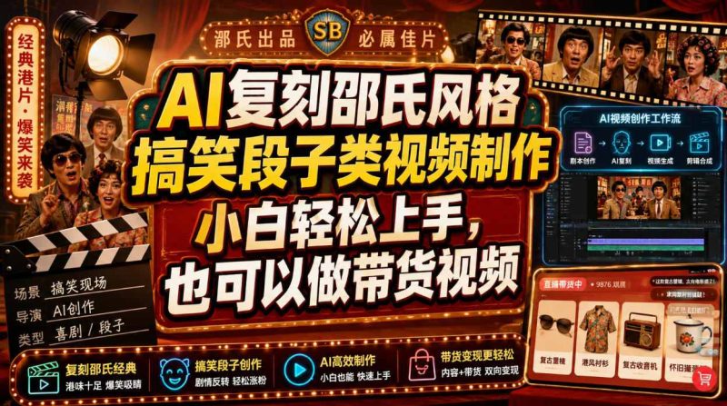 AI复刻邵氏风格搞笑段子类视频制作,小白轻松上手,也可以做带货视频-淘宝虚拟货源网