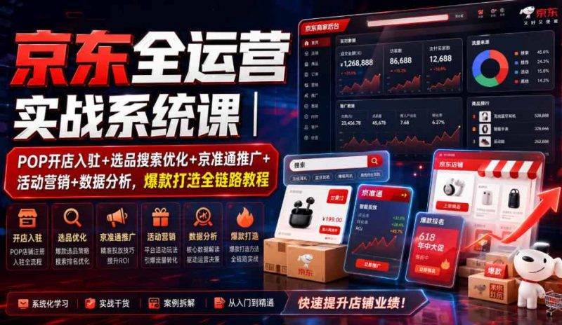 京东全运营实战系统课|POP开店入驻+选品搜索优化+京准通推广+活动营销+数据分析,爆款打造全链路教程-淘宝虚拟货源网