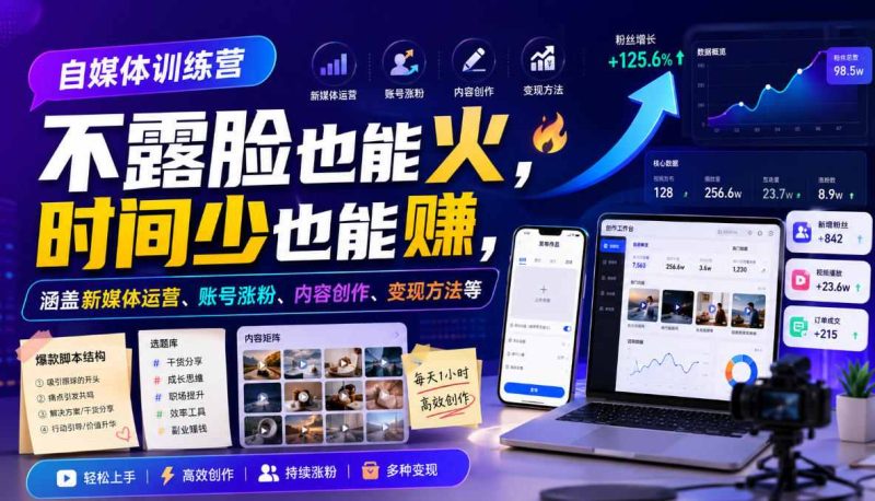 自媒体训练营,不露脸也能火,时间少也能賺,涵盖新媒体运营、账号涨粉、内容创作、变现方法等-淘宝虚拟货源网