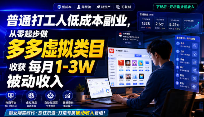 普通打工人低成本副业，从零起步做多多虚拟类目，收获每月1-3W被动收入【揭秘】-淘宝虚拟货源网