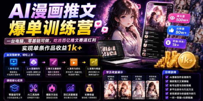 AI漫画推文爆单训练营,一台电脑,零基础可做,吃透百亿推文赛道红利,实现单条作品收益1k+-淘宝虚拟货源网