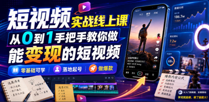 短视频实战线上课，从0到1手把手教你做能变现的短视频，零基础可学，落地起号做爆款-淘宝虚拟货源网
