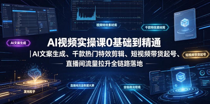 AI视频实操课0基础到精通|AI文案生成、千款热门特效剪辑、短视频带货起号、直播间流量拉升全链路落地-淘宝虚拟货源网