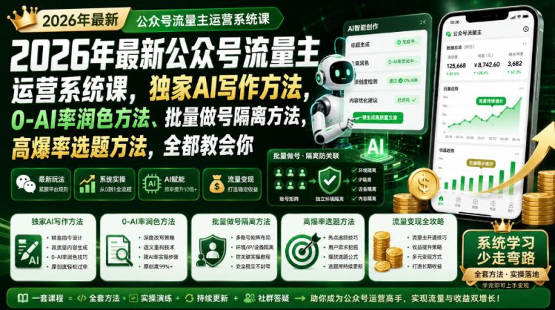 2026年最新公众号流量主运营系统课，独家AI写作方法，0-AI率润色方法、批量做号隔离方法、高爆率选题方法，全都教会你-淘宝虚拟货源网